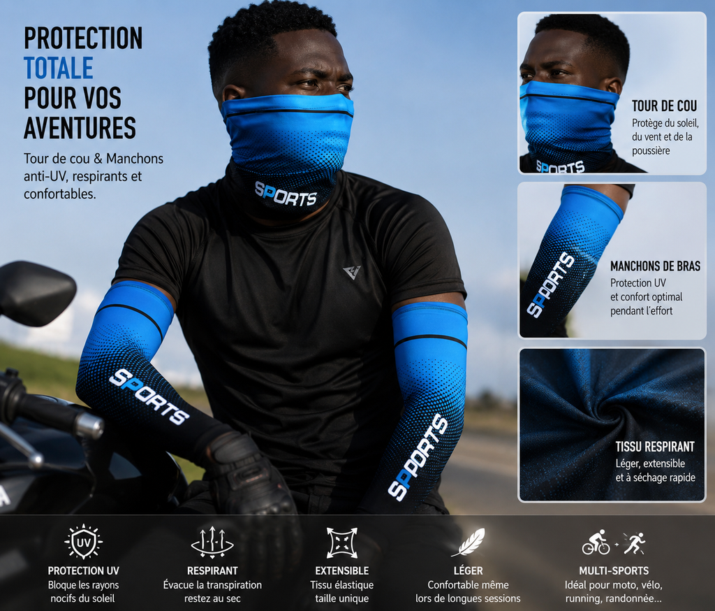 Tour de Cou & Manchons de Bras Sport UV – Bleu Dégradé