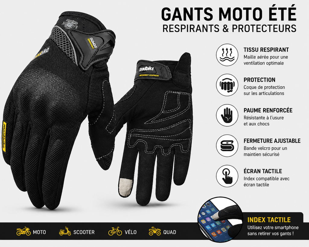 Gants Moto Été Respirants avec Protection des Articulations – Écran Tactile