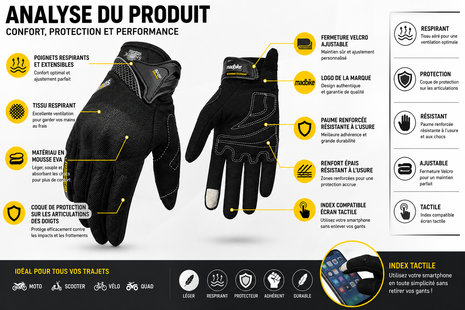Gants Moto Été Respirants avec Protection des Articulations – Écran Tactile